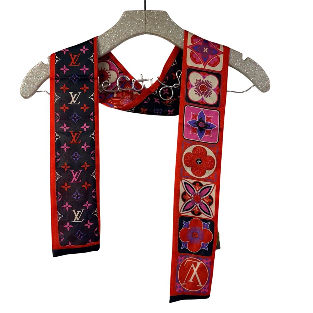 Louis Vuitton 100% Silk Scarf Colorful Floral Twilly Headband Floral Monogram